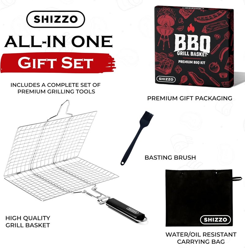 SHIZZO Shallow Grill Basket Set, Grilling Accessories Barbecue BBQ, Stainless Steel Folding Portable Outdoor Camping Rack for Fish, Shrimp, Vegetables, Cooking Accessories, Gift for Family, Freinds - Image 2